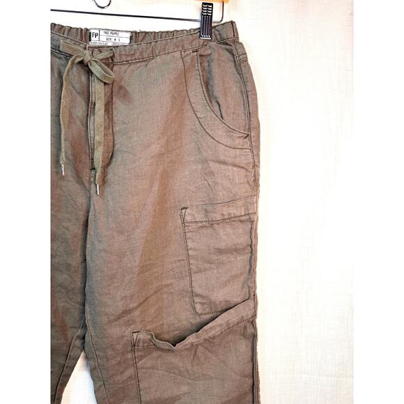 FREE PEOPLE Linen Pants Womens S Cargo Crop Patchwork Utility Green Relaxed Fit - Picture 3 of 15